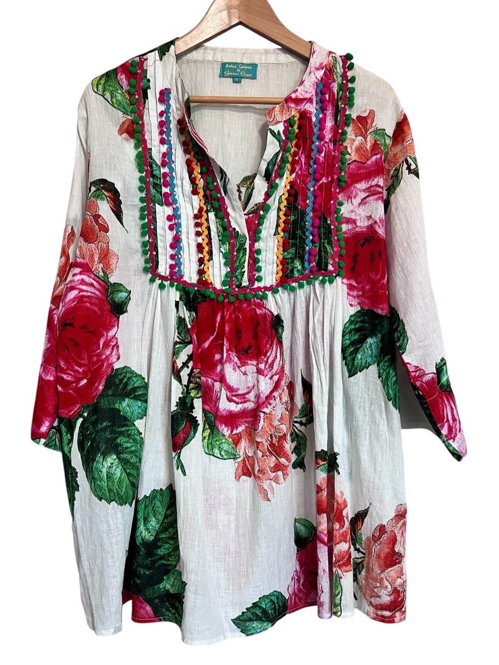 Antica Sartoria Floral Boho Tunic Top Pom Pom embellished - Picture 2 of 12